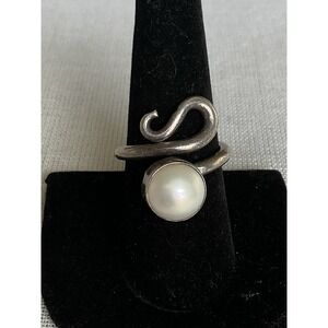 925 Sterling Silver Spiral Design Ring Size 8 Round Pearl? VTG Estate Jewelry